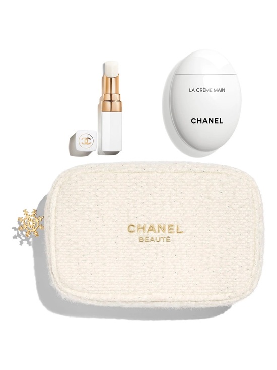 CHANEL Other - CHANEL White and Gold Lip Balm & Hand Cream Set with Tweed Pouch